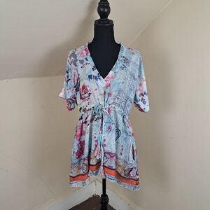 Johnny Was Blue  Multicolor Floral Silk Top Blouse Size S